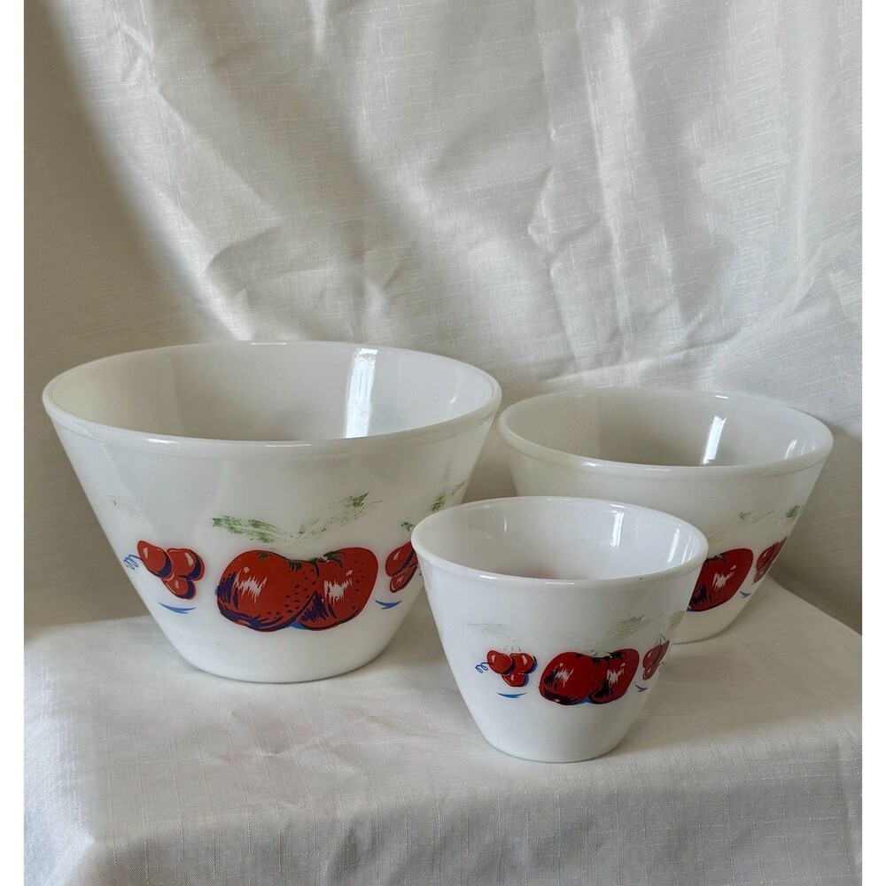 Fire King Milk Glass Vintage Mixing Bowls Apples & Cherries Nesting Set Of 3